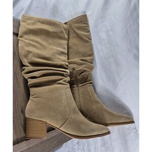 VOMIRA Women's Beige Suede Block Heel Ruch Zip Boots Size 12